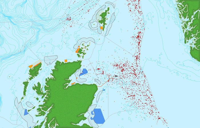 Scotland's seas are busy. Oil and gas platforms, sub-sea cables and proposed areas for renewable energy all require complex management to safeguard the resource. See http://www.scotland.gov.uk/Topics/marine/seamanagement/nmpihome/nmpi