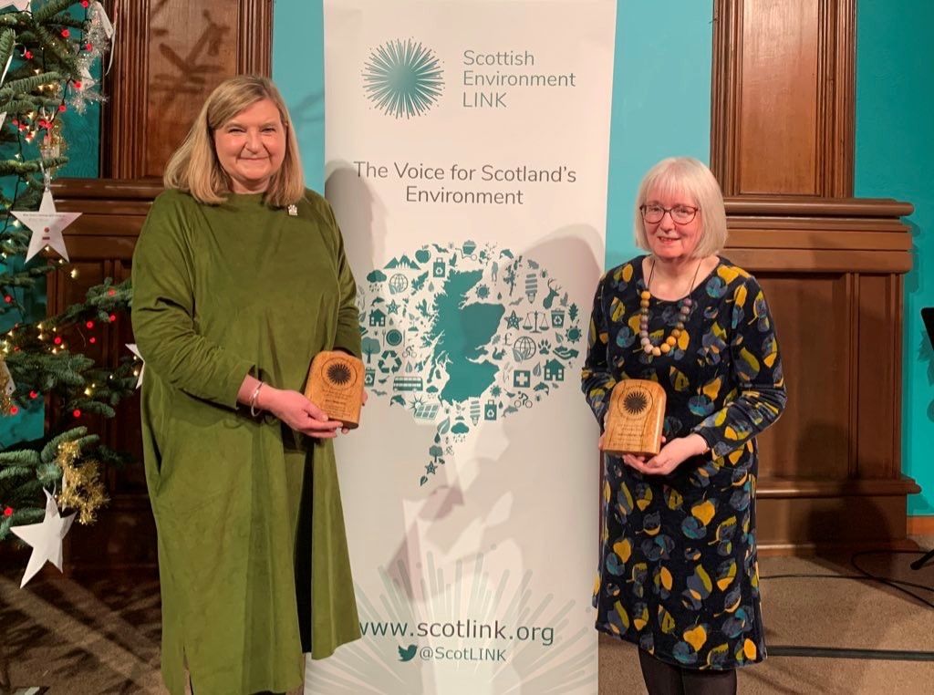 Image of Jenni Minto MSP with Beatrice Wishart MSP with their Scottish Environment LINK MSP Nature Champion of the Year awards