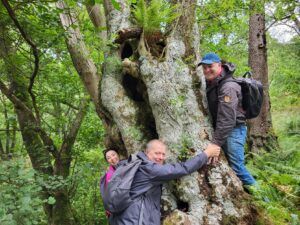 Cross-party MSPs and Nature Champions, Monica Lennon MSP (Scottish Labour), Graham Simpson MSP (Scottish Conservative & Unionist) and Mark Ruskell MSP (Scottish Greens), join hands around an ancient ash tree at RSPB Inversnaid Nature Reserve in August 2023. © Scottish Environment LINK